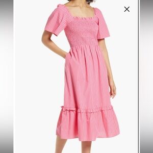 Draper James Deana smocked stripe poplin midi dress- pink 100% cotton- Size M